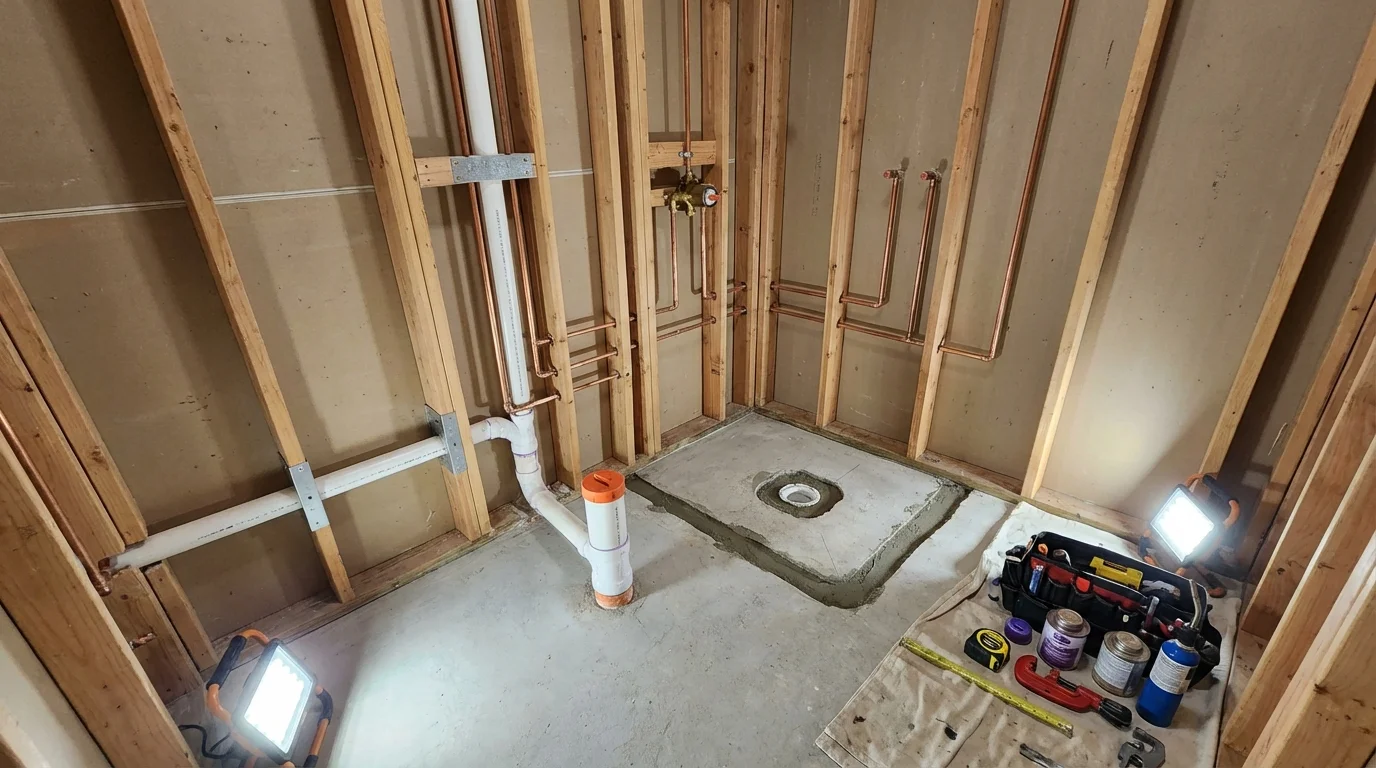 Bathroom rough-in plumbing during remodel by Johns Plumbing LLC in Dysart