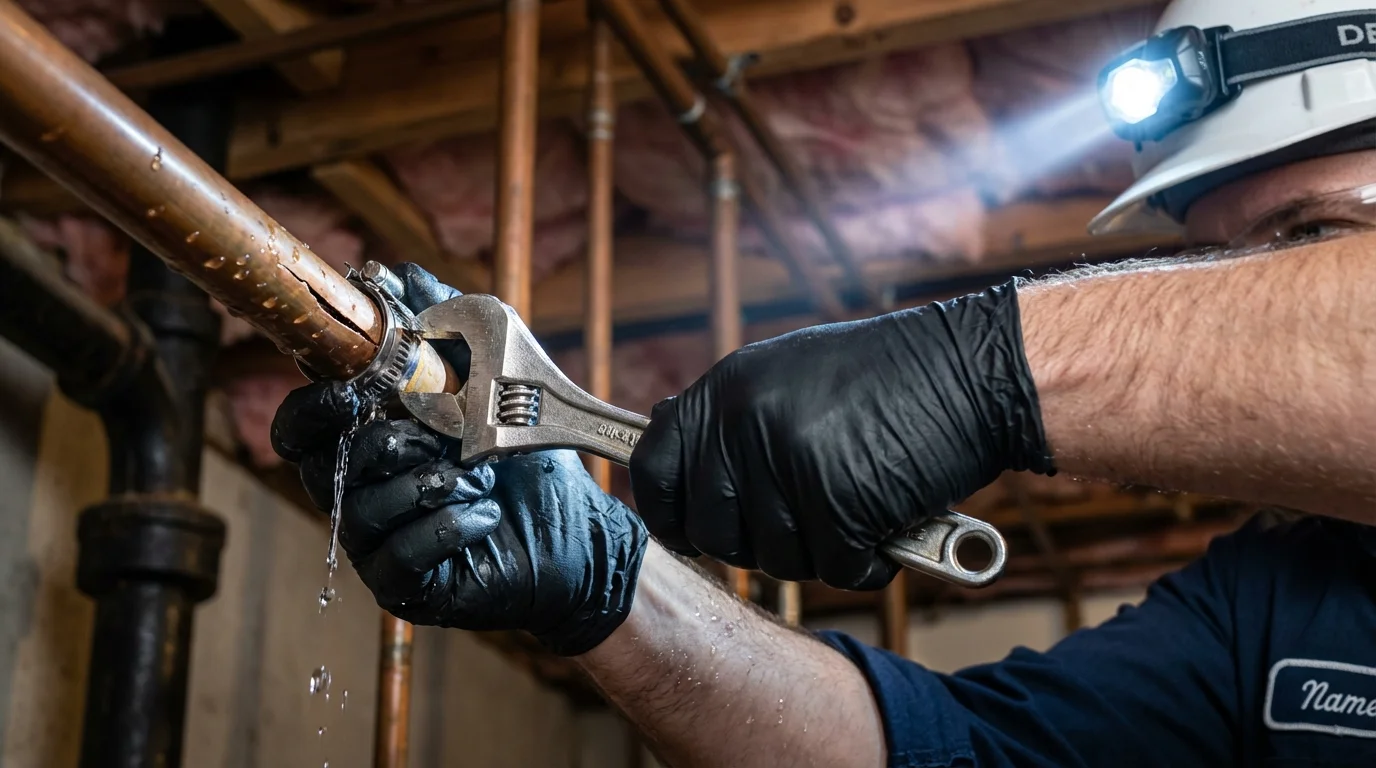 Emergency pipe clamp repair being performed by a Johns Plumbing LLC plumber in Dysart