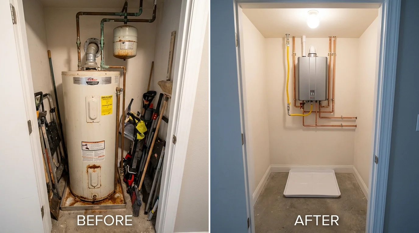 Tank water heater versus wall-mounted tankless unit comparison for Dysart, IA homeowners