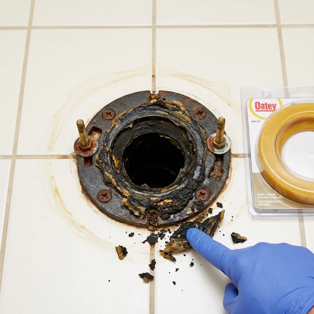 Failed wax ring showing water seepage at the base of a toilet in a Dysart, IA home