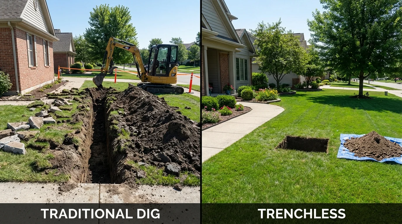 Trenchless sewer repair with minimal yard damage versus traditional excavation in Dysart, IA