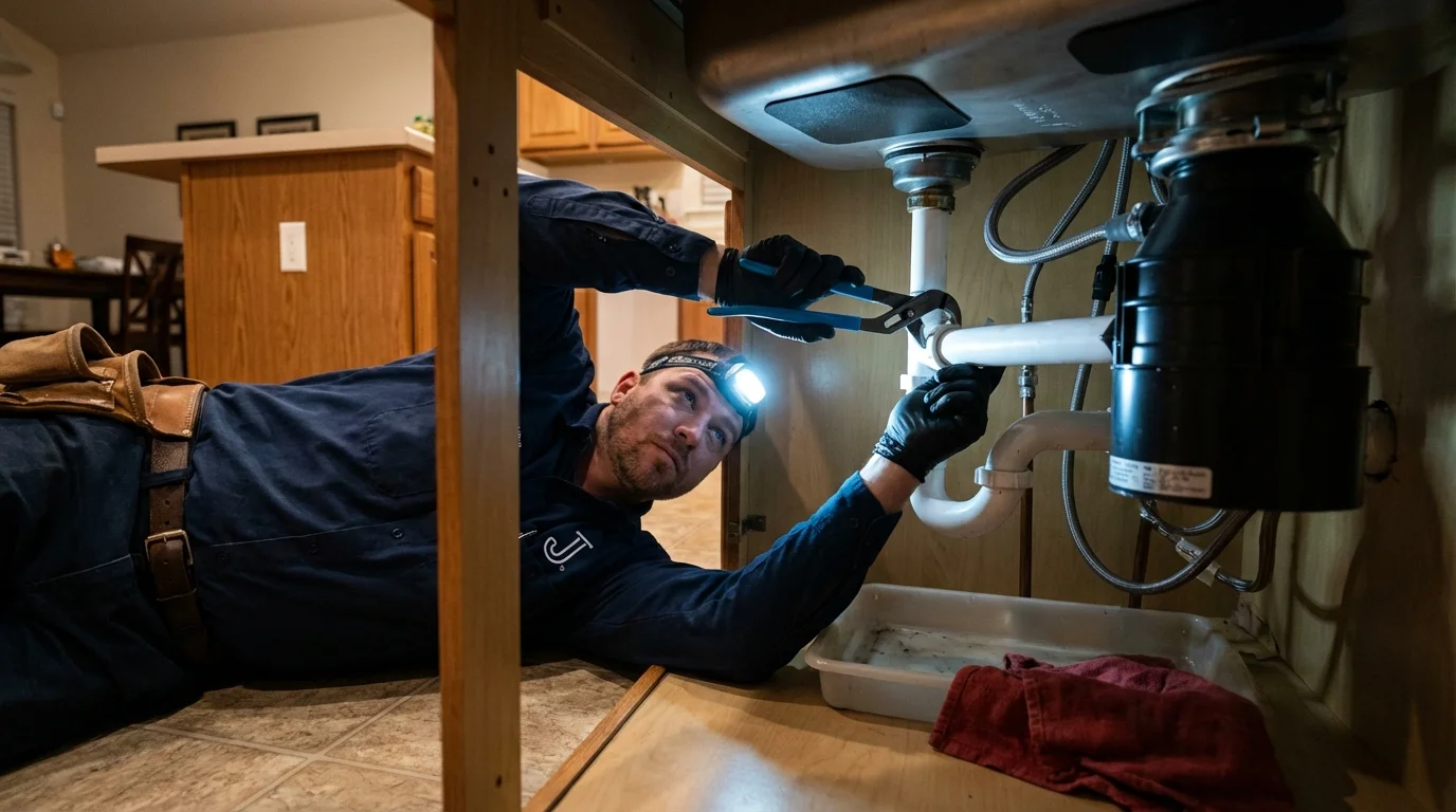 P-trap and supply line connections under a kitchen sink showing a common leak point in Dysart, IA